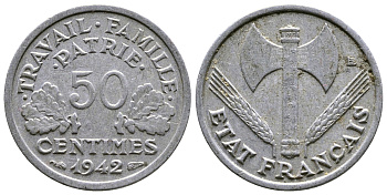 ФРАНЦИЯ 50 САНТИМОВ 1942 ТИП FRANCISQUE, LOURDE, ПРАВИТЕЛЬСТВО ВИШИ KM 914.1, LE FRANC 195.2 алюминий 179-314