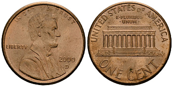 США 1 цент 2000 D, Линкольн KM 201b цинк плакированный медью 4136-365
