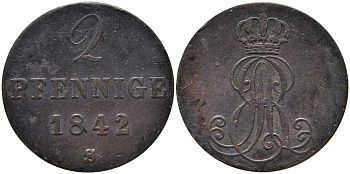 Ганновер 2 пфеннига 1842 В, Эрнст Август (1837-1851) KM 174.2 медь 4448-1046