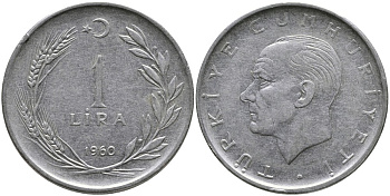 Турция 1 лира 1960 Мустафа Кемаль Ататюрк KM 889а.1 нержавеющая сталь 4541-236