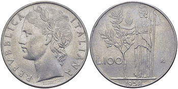 ИТАЛИЯ 100 ЛИР 1958 R, АФИНА KM 96.1 нержавеющая сталь 97-1031