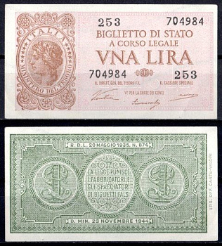 Италия 1 лира 1944 Pick 29 a бумага UNC (пресс) 8621-12-2-1