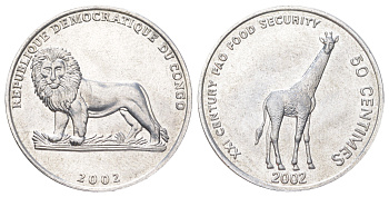 ДР Конго 50 сантимов 2002 Животные - Жираф KM 78 алюминий UNC 4616-956