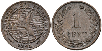 Нидерланды 1 цент 1897 Вильгельмина (1890-1948) KM 107 бронза 4576-627