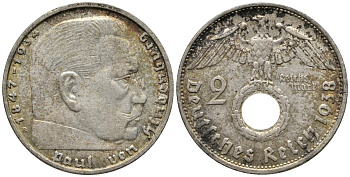 Германия 2 рейхсмарки 1938 В, Гинденбург, символика KM 93, J.366 серебро 4577-526