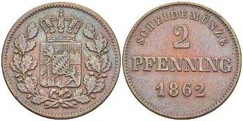 Бавария 2 пфеннига 1862 Максимилиан II (1848-1864) KM 472 медь 201-1027