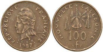 Французская Новая Каледония 100 франков 1987 хижина среди сосен и пальм, (IEOM) KM 15, Schoen 16, Lec 135 никель латунь 4137-943