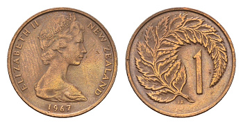 Новая Зеландия 1 цент 1967 Елизавета II (1952-2022), лист папоротника KM 31 бронза 4647-843