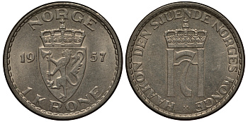 НОРВЕГИЯ 1 КРОНА 1957 ХОКОН VII (1905-1957) KM 397.2 медно-никель 119-944