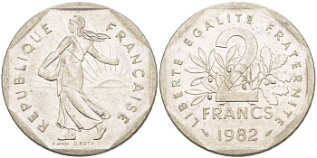 ФРАНЦИЯ 2 ФРАНКА 1982 СЕЯТЕЛЬ KM 242.1, LE FRANC 272.6 никель 217-1117