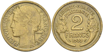 ФРАНЦИЯ 2 ФРАНКА 1933 ТИП MORLON KM 886, LE FRANC 268.5 алюминиевая бронза 180-521