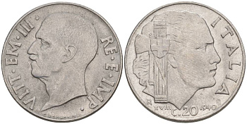 ИТАЛИЯ 20 ЧЕНТЕЗИМО 1940 R, ГОД XVIII, ВИКТОР ЭММАНУИЛ III (1900-1946), МАГНИТНАЯ, ГУРТ РИФЛЁНЫЙ KM 75b, VEM3. 1025 нержавеющая сталь 3853-523