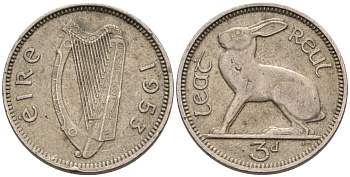 Ирландия 3 пенса 1953 ЗАЯЦ KM 12а медно-никель 92-227