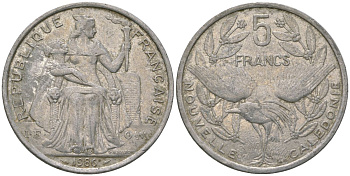 Французская Новая Каледония 5 франков 1986 птица кагу, (IEOM) KM 16, Schoen 12, Lec 76 алюминий 180-541