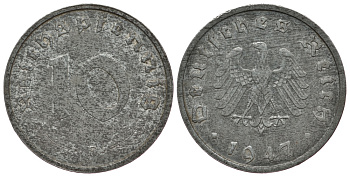 Германия 10 рейхспфеннигов 1947 F, оккупация Германии союзными войсками J. 375, KM A104 цинк 413-521