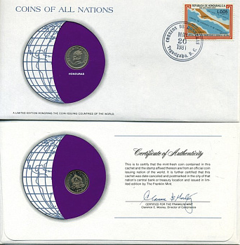 Гондурас 20 сентаво 1973 конверт с маркой первого дня гашения, Coins of Nations KM 81 медно-никель UNC 4294-36-1