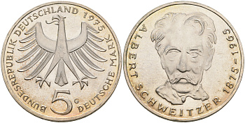 ФРГ 5 марок 1975 G, 100 лет со дня рождения Альберта Швейцара KM 143, J.418 серебро UNC 75-316