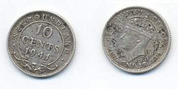 НЬЮФАУНДЛЕНД 10 ЦЕНТОВ 1941 C, ГЕОРГ VI KM 20 серебро 46-2321