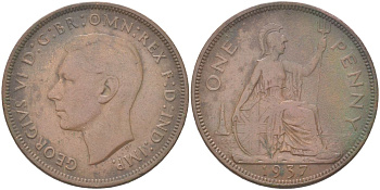 Великобритания 1 пенни 1937 Георг VI (1936-1952) KM 845, Spink 4114 бронза 4165-243