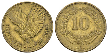 Чили 10 сентесимо 1967 KM 191 алюминиевая бронза 4161-347