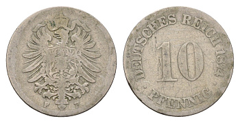 Германия 10 пфеннигов 1874 F, Вильгельм I (1871-1888) KM 4, J. 4 медно-никель 4636-532