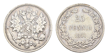 Россия для Финляндии 25 пенни 1891 L, Александр III (1881-1894) Биткин 240 серебро 1530-924