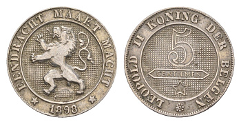 Бельгия 5 сантимов 1898 Der Belgen, Леопольд II (1865-1909) KM 41 медно-никель 4658-761