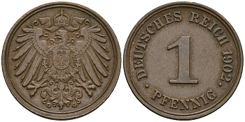 Германия 1 пфенниг 1902 G, Вильгельм II (1888-1918) KM 10, J. 10 медь 1524-912