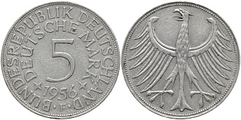 ФРГ 5 марок 1956 F KM 112.1, J. 387 серебро 1526-121