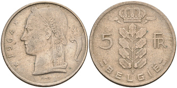 Бельгия 5 франков 1964 Belgie, Бодуэн I (1951-1993) KM 135.1 медно-никель 92-417