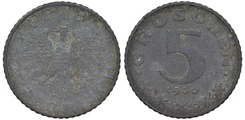 Австрия 5 грошей 1950 KM цинк 4164-327