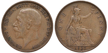 Великобритания 1 пенни 1927 Георг V (1910-1936) KM 826, Spink 4054 бронза 4123-1013