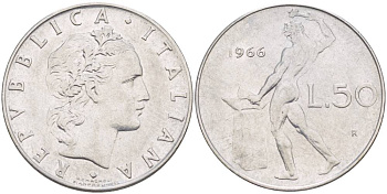 ИТАЛИЯ 50 ЛИР 1966 R, БОГ ОГНЯ ВУЛКАН У НАКОВАЛЬНИ KM 95.1 нержавеющая сталь 4551-346