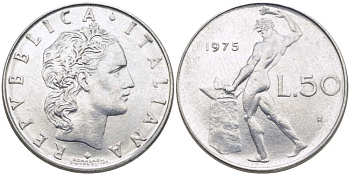 ИТАЛИЯ 50 ЛИР 1975 R, БОГ ОГНЯ ВУЛКАН У НАКОВАЛЬНИ KM 95.1 нержавеющая сталь 34-646