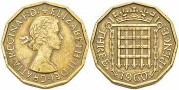 Великобритания 3 пенса 1960 Елизавета II (1952-2022) KM 900, Spink 4153 никель латунь 77-154