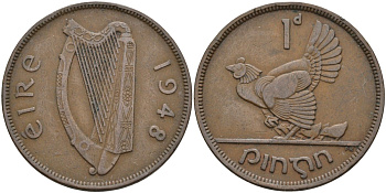 Ирландия 1 пенни 1948 курица с цыплятами KM 11 бронза 4137-716
