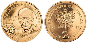 Польша 2 злотых 2011 серия польские путешественники, Фердинанд Оссендовский KM 797 латунь UNC M3-05