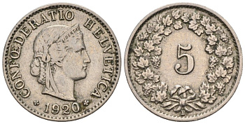 Швейцария 5 раппенов 1920 В KM 26 медно-никель 4576-922