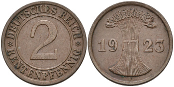 Германия 2 рентенпфеннига 1923 F, выпуск 1924 года KM 31, J.307, Weege 3 медь 4584-556