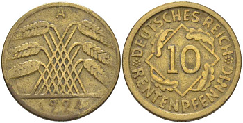 ГЕРМАНИЯ 10 РЕНТЕНПФЕННИГОВ 1924 A KM 33, J.309, Weege 8 алюминиевая бронза 202-235