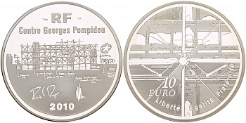 Франция 10 евро 2010 центр  Жоржа Помпиду KM 1686 серебро PROOF 11-076-23