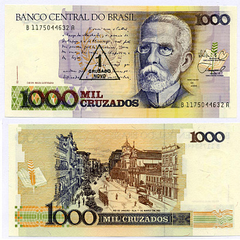 БРАЗИЛИЯ 1 КРУЗАДО НОВЫЙ 1989 НАДПЕЧАТКА НА 1000 КРУЗЕЙРО, МАЧАДО де АССИС, ПОПИСЬ 26, СЕРИЯ В Pick 216b бумага UNC (ПРЕСС) 8611-37-2-2