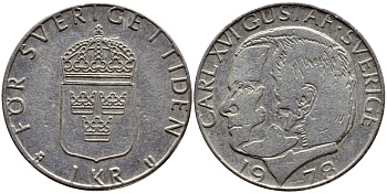 Швеция 1 крона 1978 Карл XVI Густав (1973- ) KM 852 медь плакированная медно-никелем 56-523