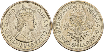 Нигерия 2 шиллинга 1959 Елизавета II (1952-), Британский протекторат KM 6 медно-никель PROOF 3711-314