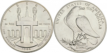 США 1 доллар 1984 XXII Олимпийские игры в Лос-Анжелесе, стадион, P KM 210 серебро UNC 4127-923