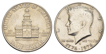 США 1/2 доллара (50 центов) 1976 D, 200 лет независимости, Джон Кеннеди KM 205 медь плакированная медно-никелем aUNC 4545-726