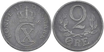 ДАНИЯ 2 ЭРЕ 1942 N; S, КРИСТИАН X (1912-1947) KM 833а цинк 67-514