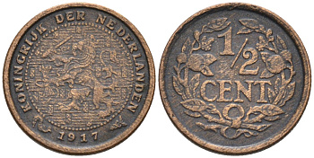 Нидерланды 1/2 цента 1917 Вильгельмина (1890-1948) KM 138 бронза 4576-416