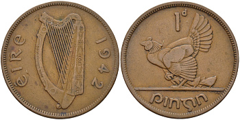 ИРЛАНДИЯ 1 ПЕННИ 1942 КУРИЦА С ЦЫПЛЯТАМИ KM 11 бронза 38-232