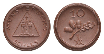 Мюнстерберг 10 пфеннигов ND (1921) Men05 18133.3, Men18 22686.3, Scheuch 193a фарфор 1094-7-34